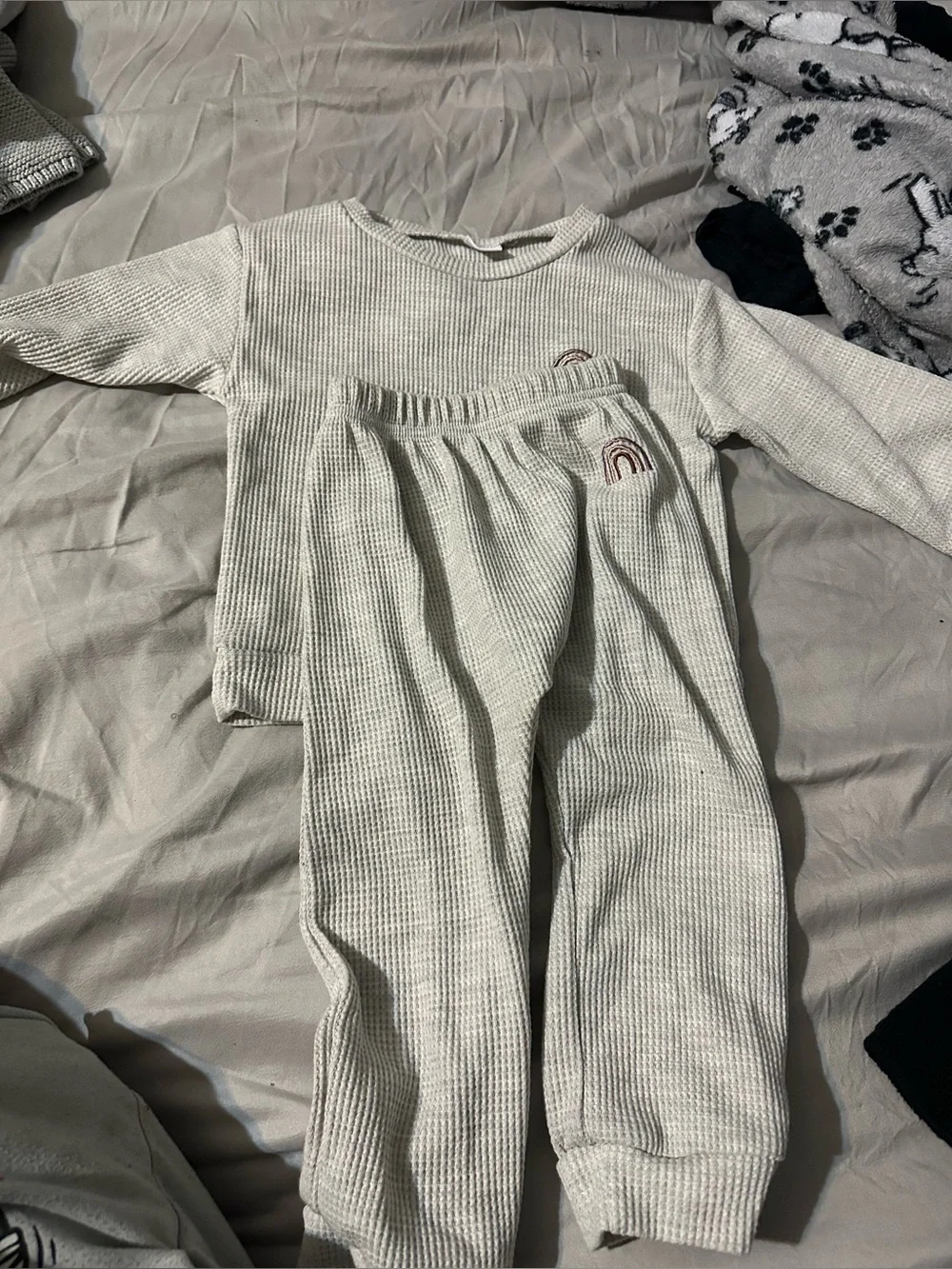 Cream Waffle Knit Two-Piece Kids Set with Rainbow Embroidery